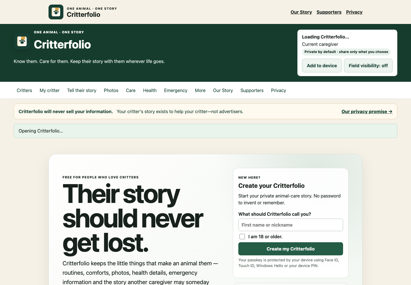 Critterfolio homepage showing its live animal continuity-of-care platform