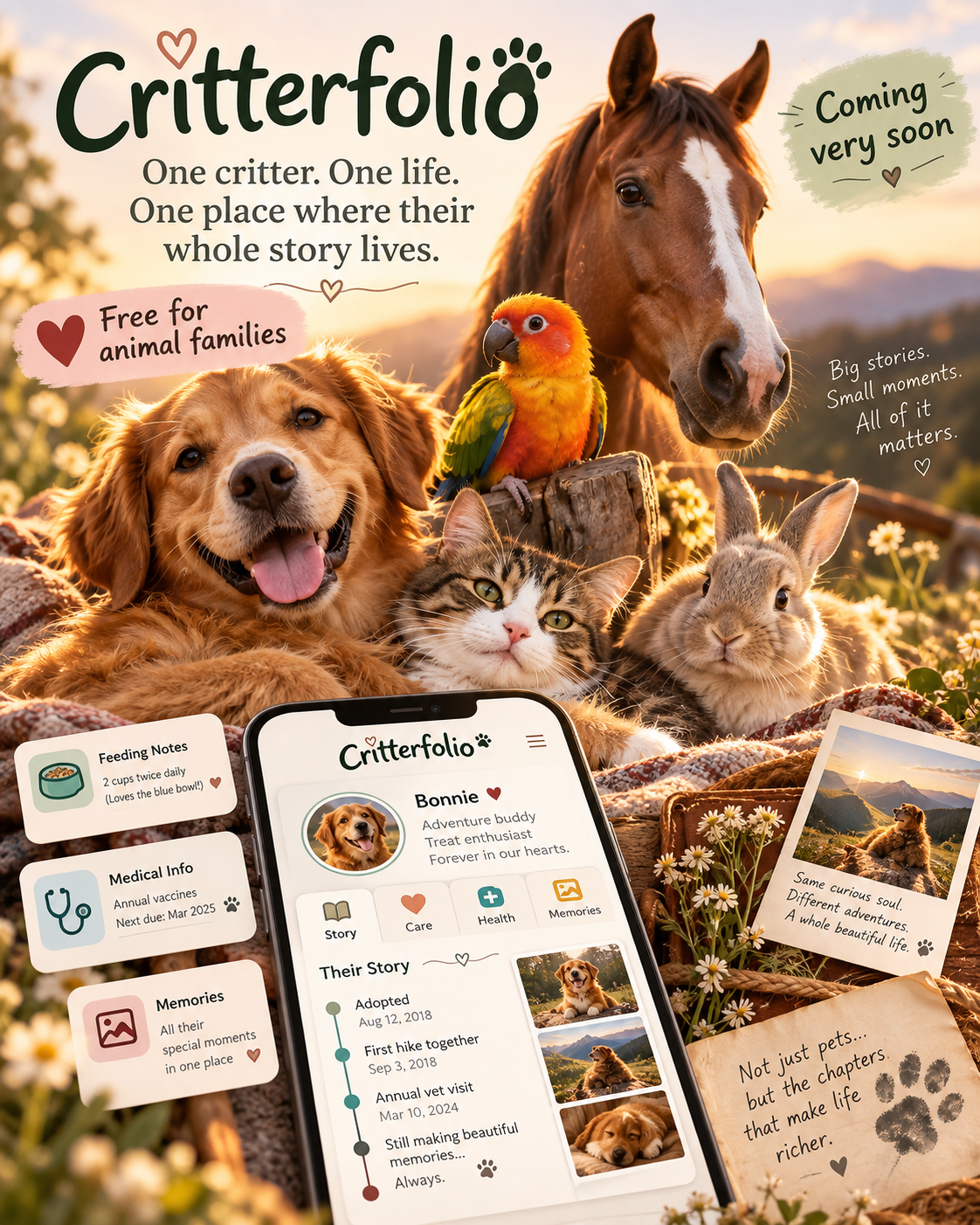 Critterfolio pre-launch concept showing animal family records, care notes, memories and story continuity