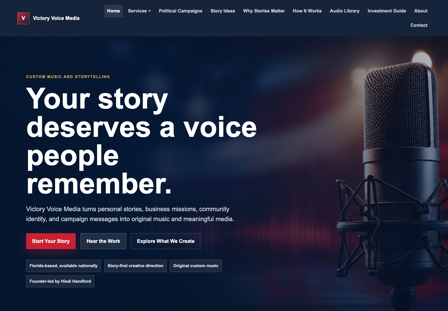 Victory Voice Media homepage showing its branding, navigation and story-driven music platform