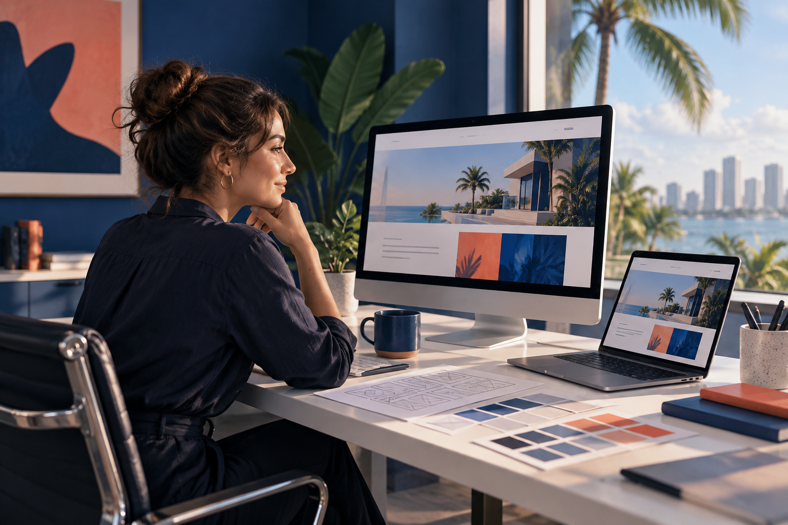 Web designer reviewing a responsive small-business website on desktop and laptop screens